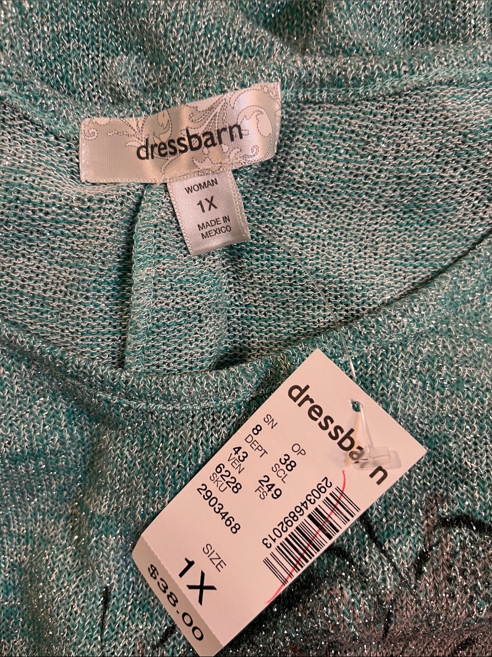 dressbarn Teal Metallic Floral Knit Tunic - Picture 3 of 4